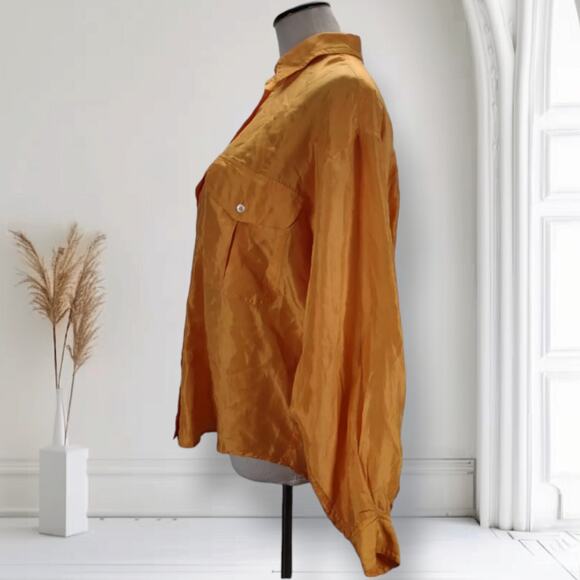 Vintage 80s Basic Issue Silk Shirt Pumpkin Orange Oversized Button Up Blouse - Picture 3 of 12